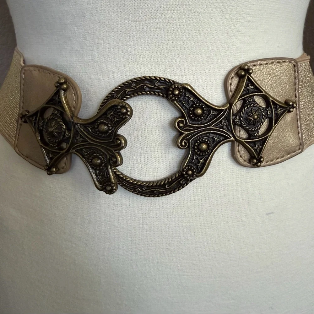 Vintage Style Wide Elastic Belt Bronze Ornate Buckle 34–56” Waist Boho